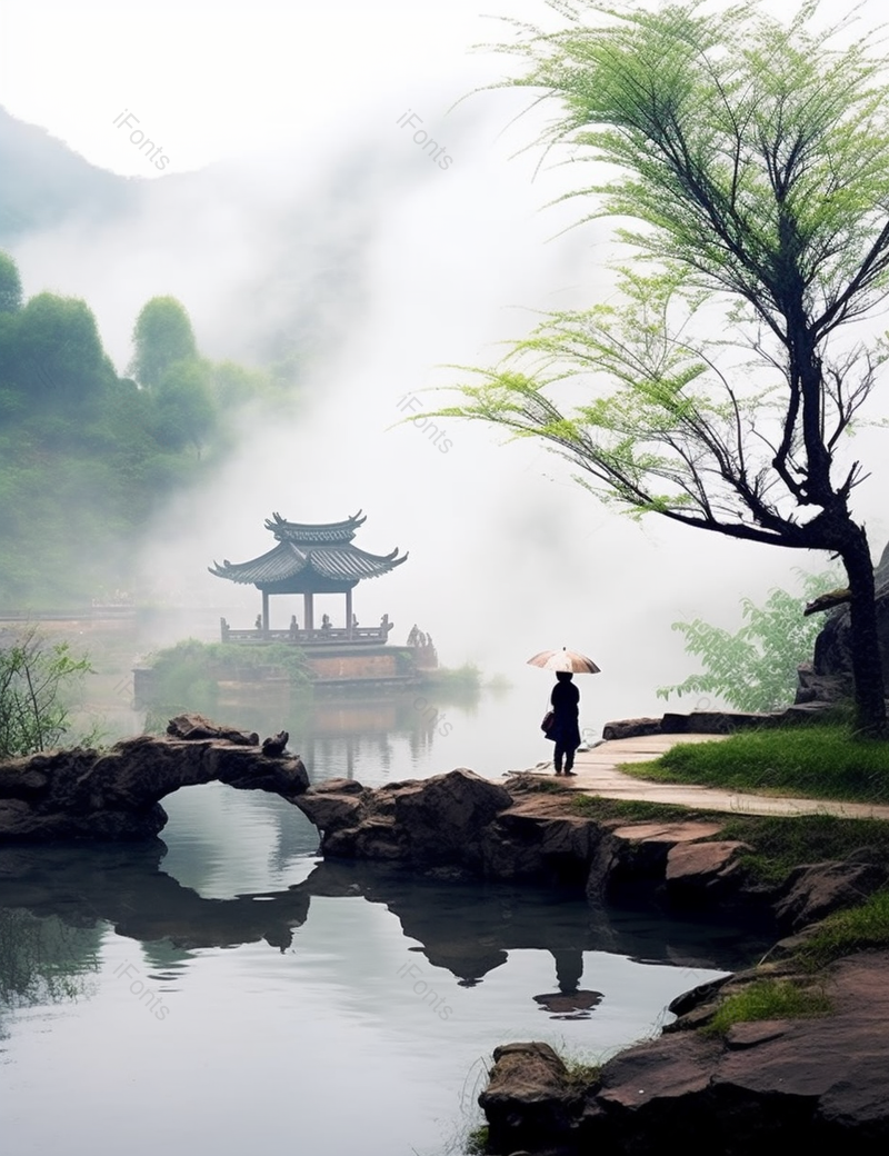 站在湖桥上的中国女子,高清,摄影图,摄影图片,图片大全,摄影图免费下载